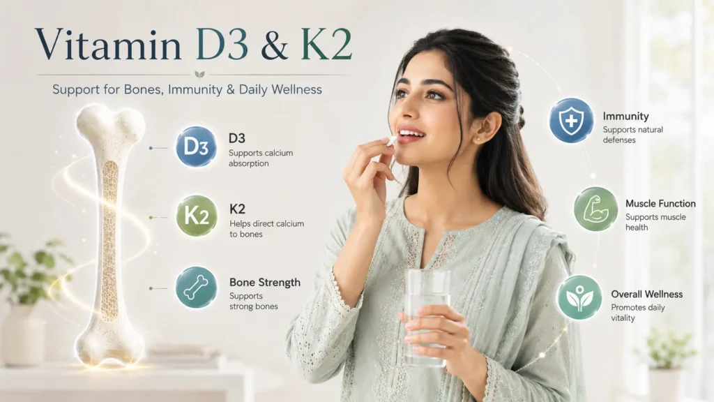 Vitamin D3 and K2 supplements in Karachi for bone strength calcium absorption and immunity