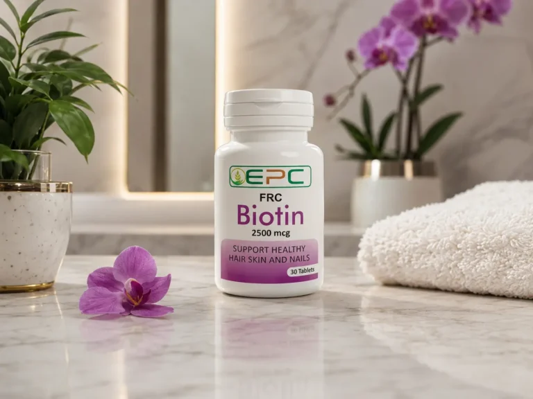 FRC Biotin 2500 mcg supplement bottle for healthy hair, skin, and nails.