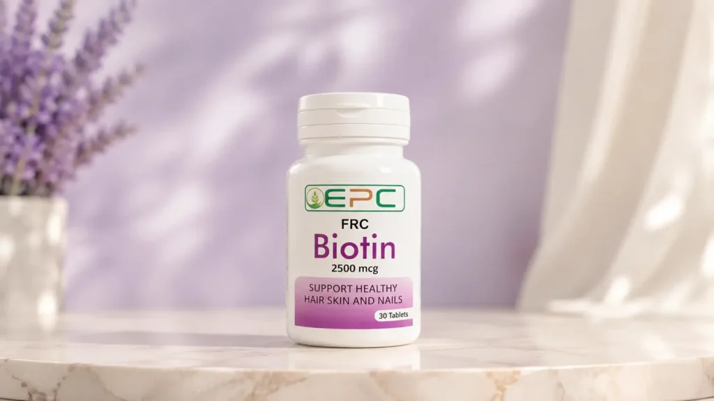 FRC Biotin 2500 mcg tablets for healthy hair, skin, and nails.