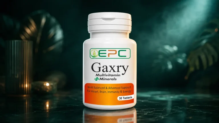 Gaxry multivitamin plus minerals tablets bottle on a premium dark green botanical background.