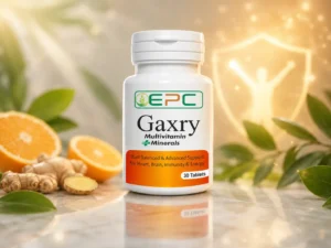 Gaxry multivitamin plus minerals bottle with citrus, ginger, and a soft immune-support background.