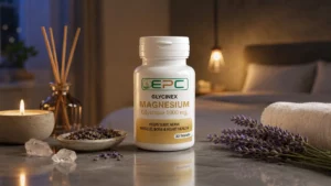 Simple illustration of a man using a magnesium glycinate supplement for relaxation and night-time wellness in Peshawar