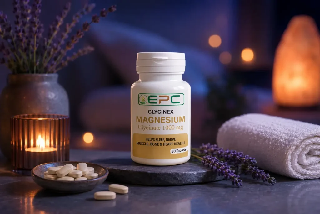 Glycinex magnesium glycinate supplement bottle in a calming evening wellness setting