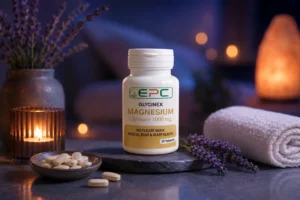 Glycinex magnesium glycinate supplement bottle in a calming evening wellness setting