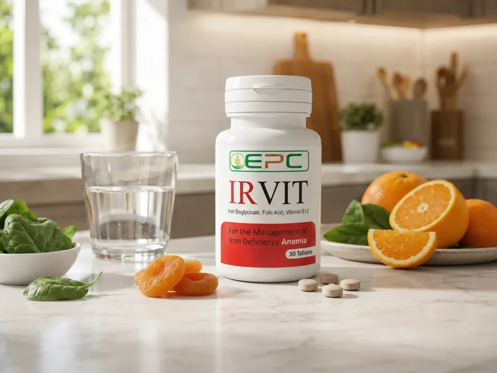 IRVIT folic acid tablets with iron and vitamin B12 in a bright kitchen wellness setting