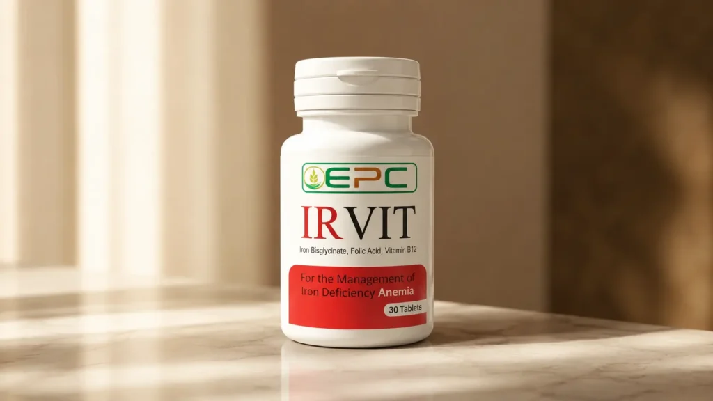 IRVIT iron supplement with folic acid and vitamin B12 for healthy blood support.