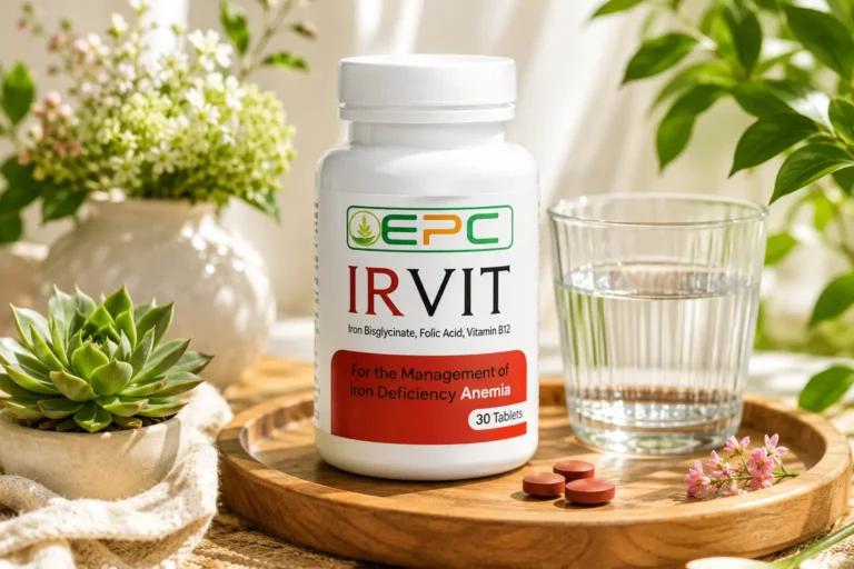 IRVIT iron, folic acid, and vitamin B12 supplement bottle for daily nutritional support.