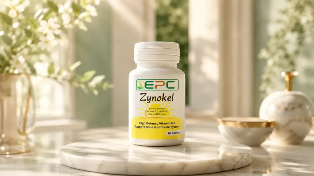 Zynokel vitamin D3 and K2 supplement bottle for bone health support.
