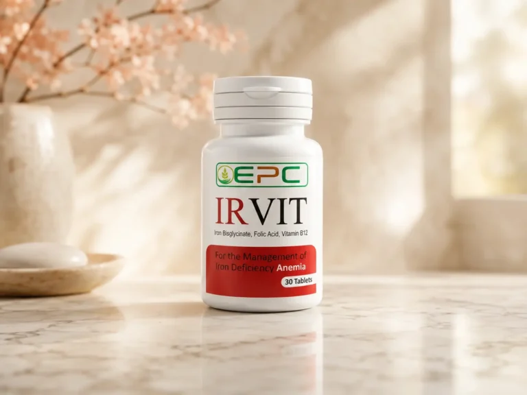 IRVIT iron bisglycinate, folic acid, and vitamin B12 supplement bottle in a warm wellness setting.