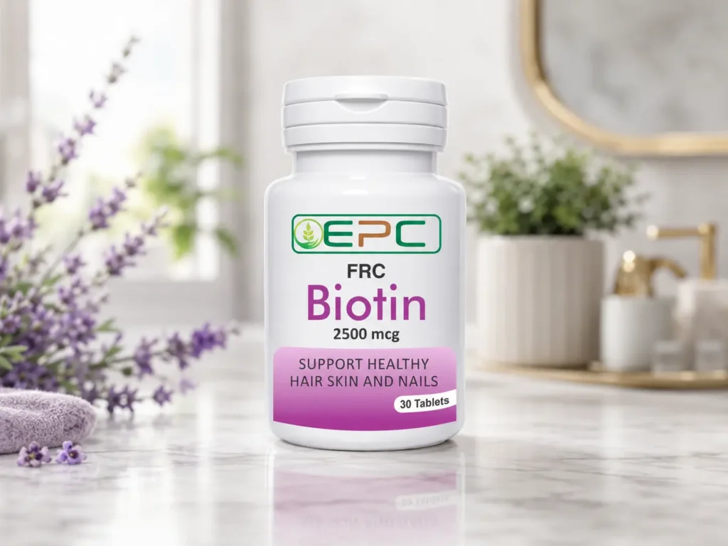 FRC Biotin 2500 mcg supplement bottle for hair, skin and nail support in Islamabad