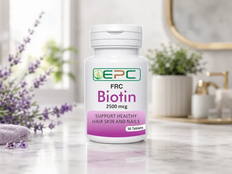 FRC Biotin 2500 mcg supplement bottle for hair, skin and nail support in Islamabad