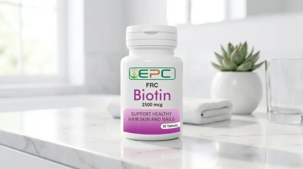 FRC Biotin 2500 mcg tablet bottle for hair, skin and nail nutritional support in Islamabad
