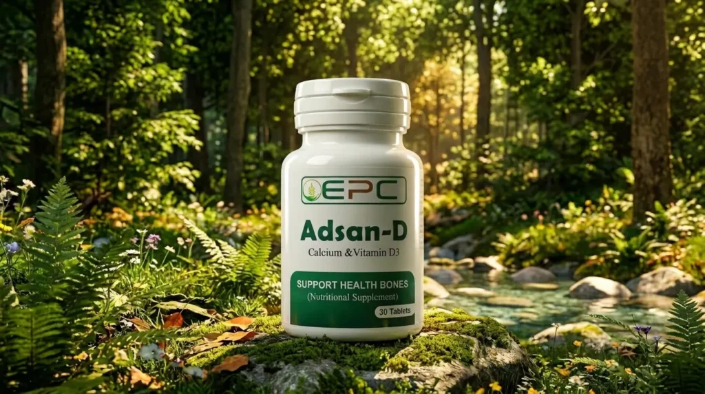 Adsan-D calcium and vitamin D3 supplement bottle for bone-health support in Islamabad