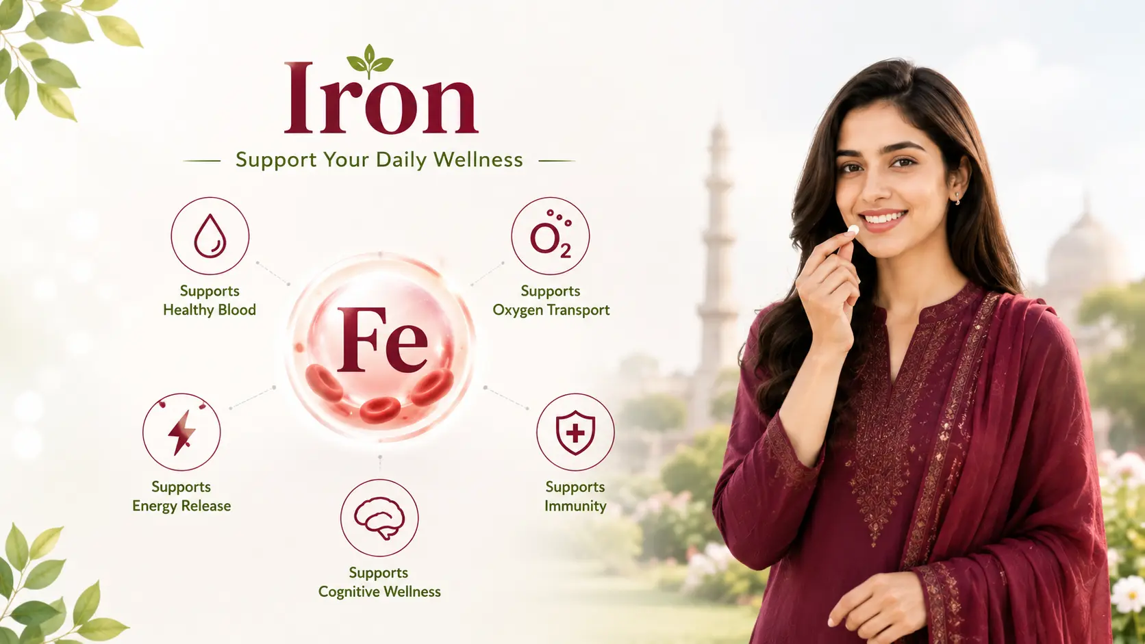 Woman taking an iron supplement with illustrations of healthy blood, oxygen transport and daily wellness