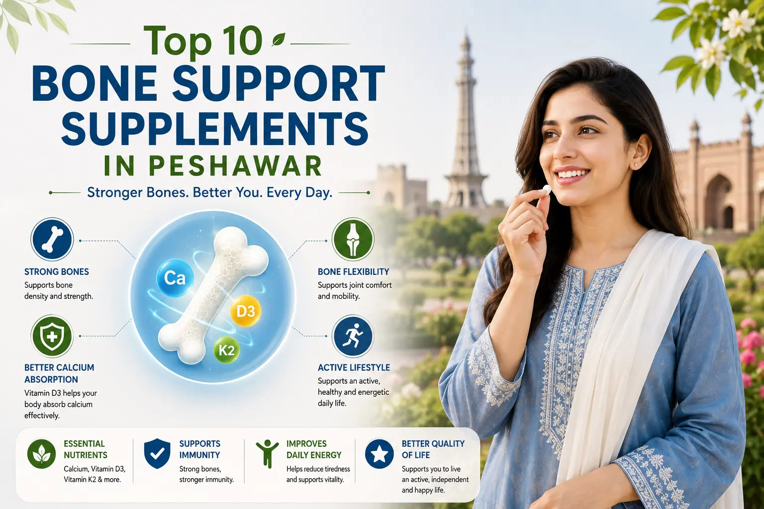 Woman taking a bone support supplement with calcium, vitamin D3 and vitamin K2 wellness illustrations