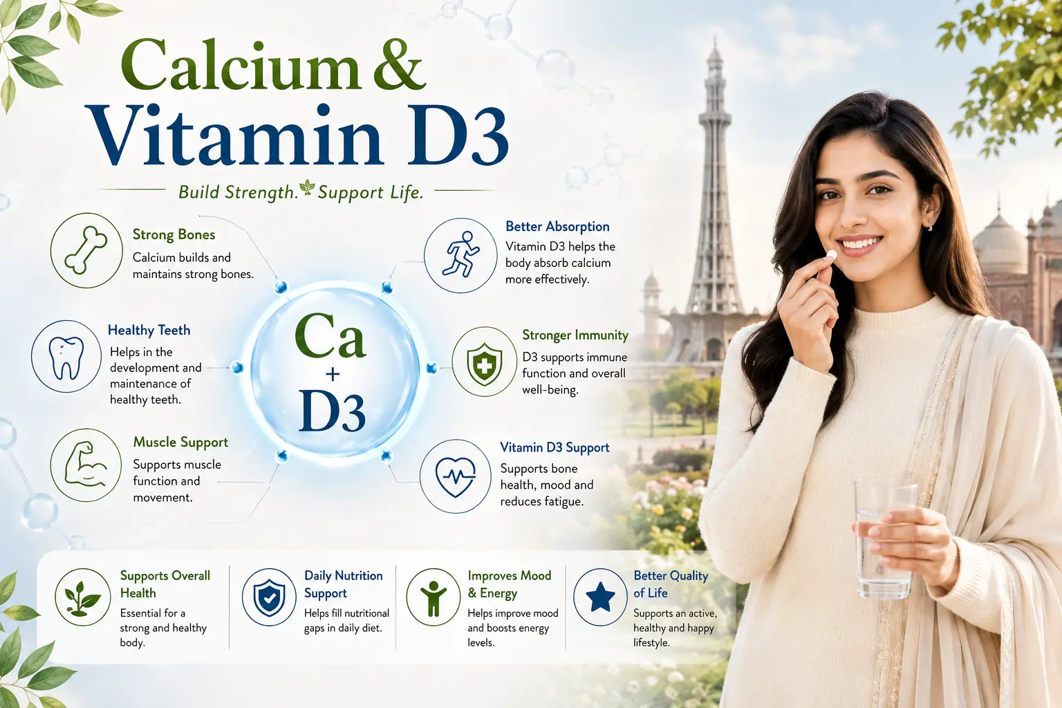 Simple illustration of a man taking calcium and vitamin D3 supplements for bone wellness in Peshawar