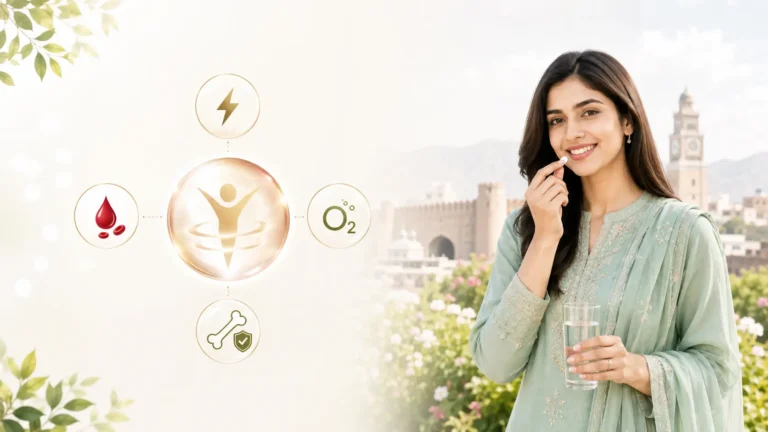 Woman taking a supplement with simple illustrations representing energy, healthy blood, oxygen transport and bone wellness