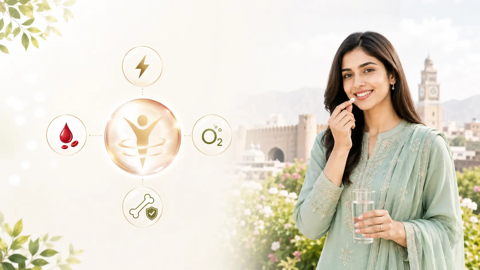 Woman taking a supplement with simple illustrations representing energy, healthy blood, oxygen transport and bone wellness