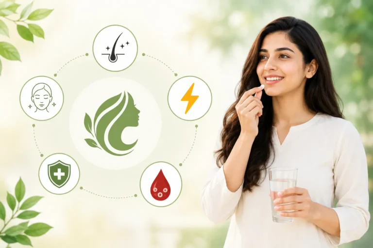 Woman taking a supplement with simple hair, skin, immunity and energy wellness illustrations