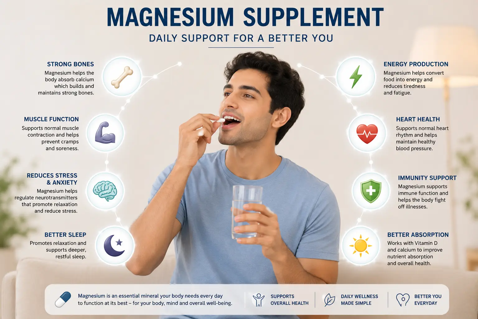 Simple illustration of a man taking magnesium glycinate for muscle, nerve and daily wellness in Peshawar