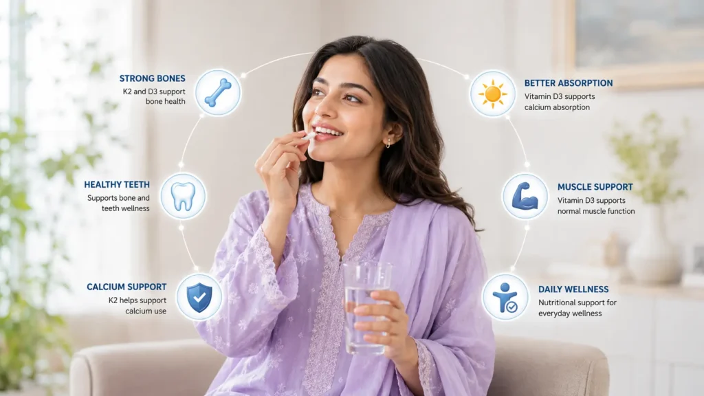 Woman taking vitamin K2 and D3 supplements for bone and daily wellness in Peshawar